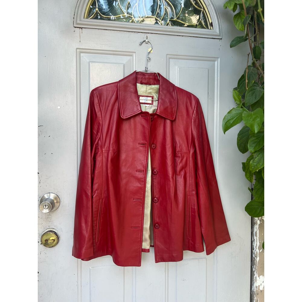 Red belted leather jacket - Picture 3 of 5